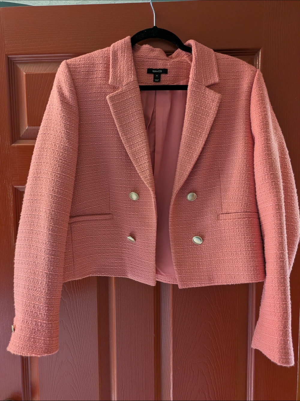 RW&CO. Coral Pink Cropped Bouclé Double-Breasted Blazer
